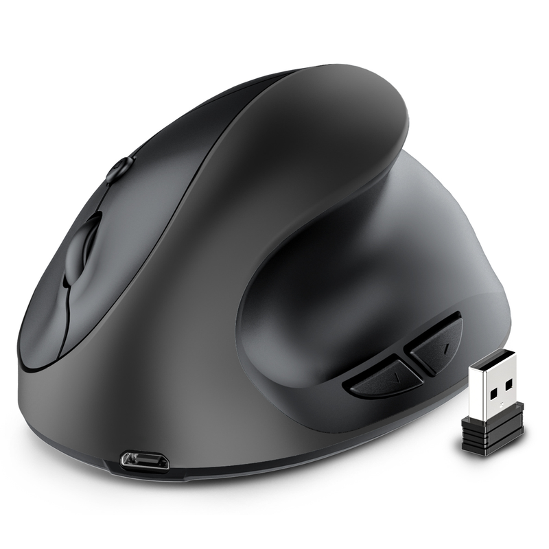 Mouse vertical ergonômico – sem fio 2.4G, 1600 DPI, programável com 6 teclas, recarregável/bateria, clique silencioso (preto/prata/rosa)_voghion.com