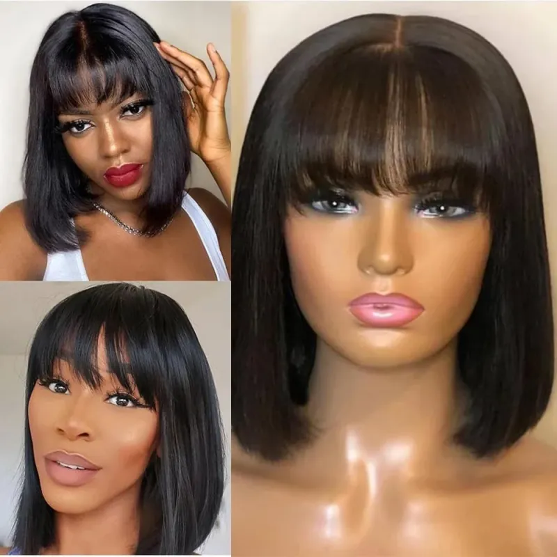 2x4 Lace Wig Human Hair Bang Bob Wig for Women Straight Short Bob Wig Human Hair Bob Wig with Bangs Human Hair Pre Plucked_voghion.com