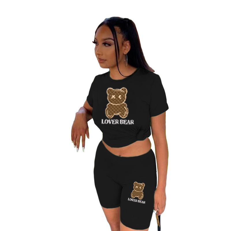 Damen-Trainingsanzug mit T-Shirt-Shorts und Bären-Print_voghion.com