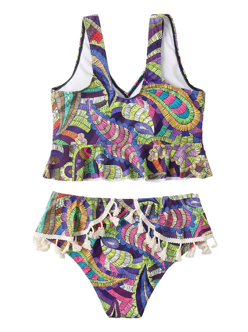Happybuyner Ensemble de maillot de bain 2 pièces pour femme Imprimé rétro Col en V Débardeur rembourré et slip élastique avec glands Vêtements de plage_voghion.com