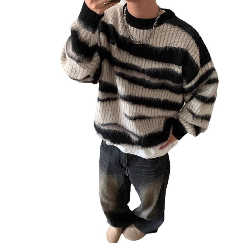 Lazy style new retro striped design, black and white jacket, knitted sweater, thick sweater for men, fashionable fur, winter_voghion.com