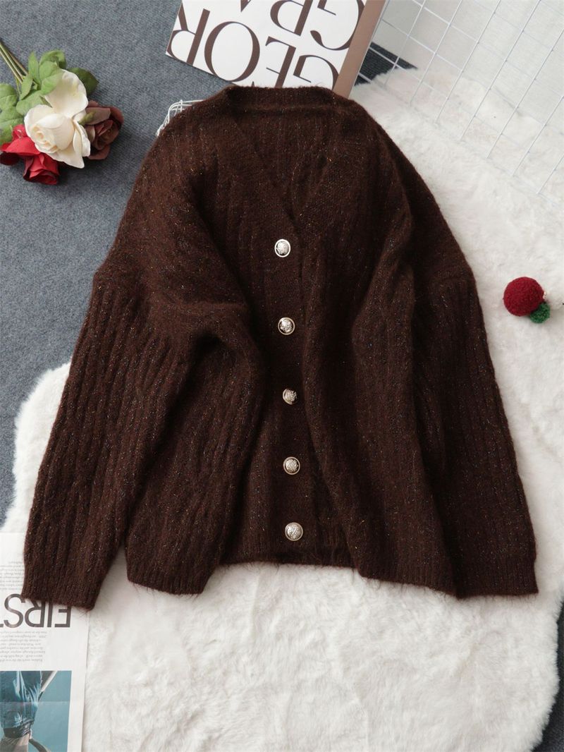 Cardigan vintage in maglia con bottoni dorati – Maglione spesso a maniche lunghe con apertura frontale per donna (grigio scuro, beige, marrone)_voghion.com