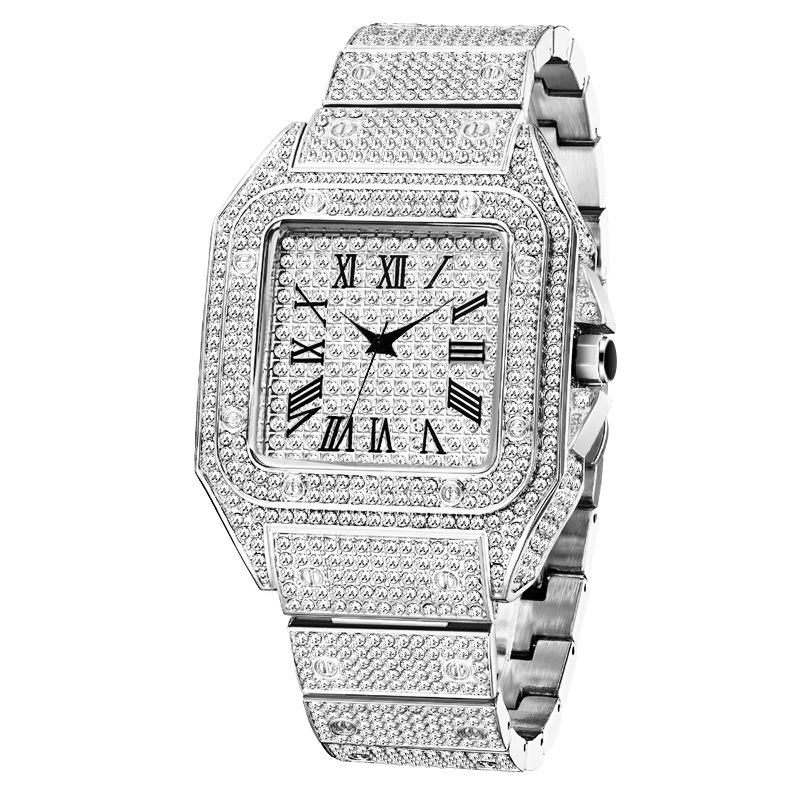 Men's Luxury Square Watch - Gold Roman Numerals, Full Crystal Dial, Swiss Quartz Movement_voghion.com