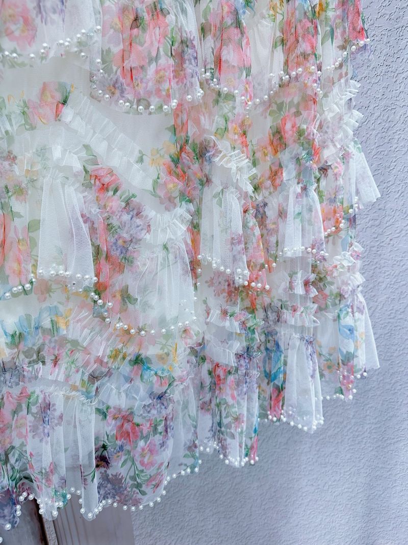 Women's Clothing Spring and Summer New Lace Splicing Mesh Skirt Heavy Beaded Printed Elastic High Waist Skirt Midi Long_voghion.com