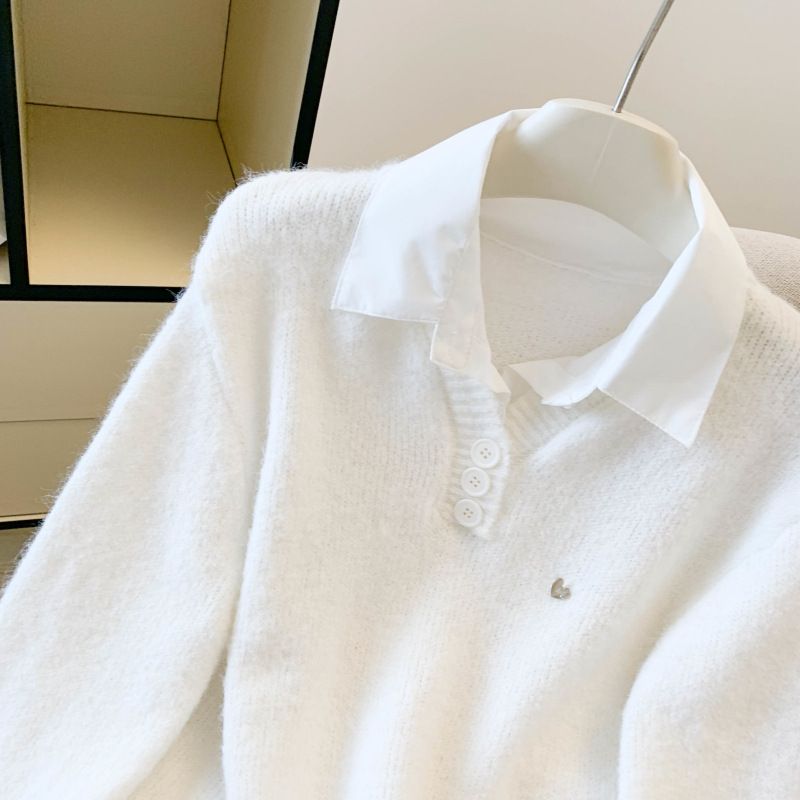 Abbigliamento da donna in stile coreano, camicia a strati e top in maglia, outfit autunnale da donna - grigio, bianco e blu_voghion.com