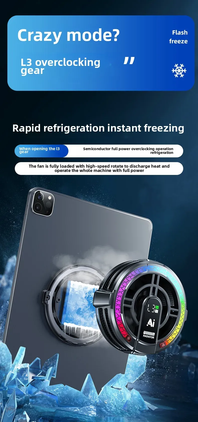 Big Tablet Cooler For IPad, Cooling Fan With AI Smart Temperature Control, 4 Levels RGB Adjustable, Magnetic & Removable_voghion.com