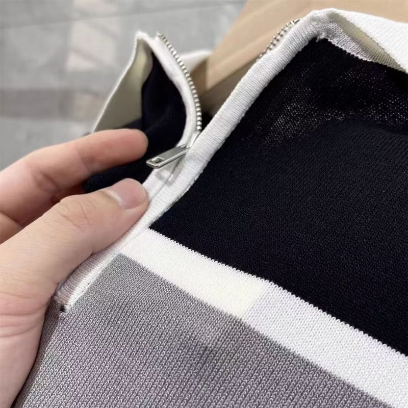 Men's Clothing Slim Fit Short Sleeve Shirt Breathable Summer T-Shirt With Embroidered Detail, Striped Casual Top For Daily Wear (White/Black)_voghion.com