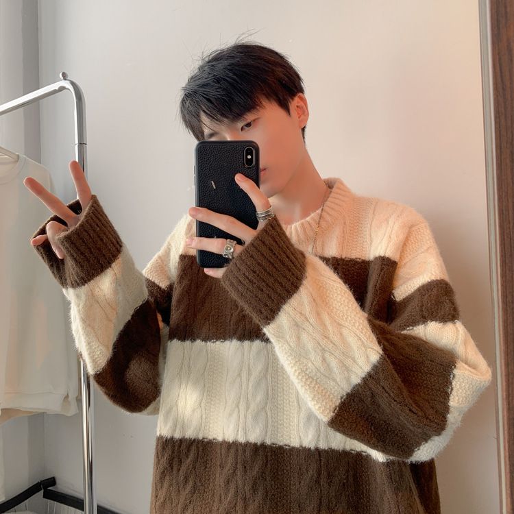 Maglione caldo versatile da uomo, in maglia a blocchi di colore, autunno inverno, a righe_voghion.com