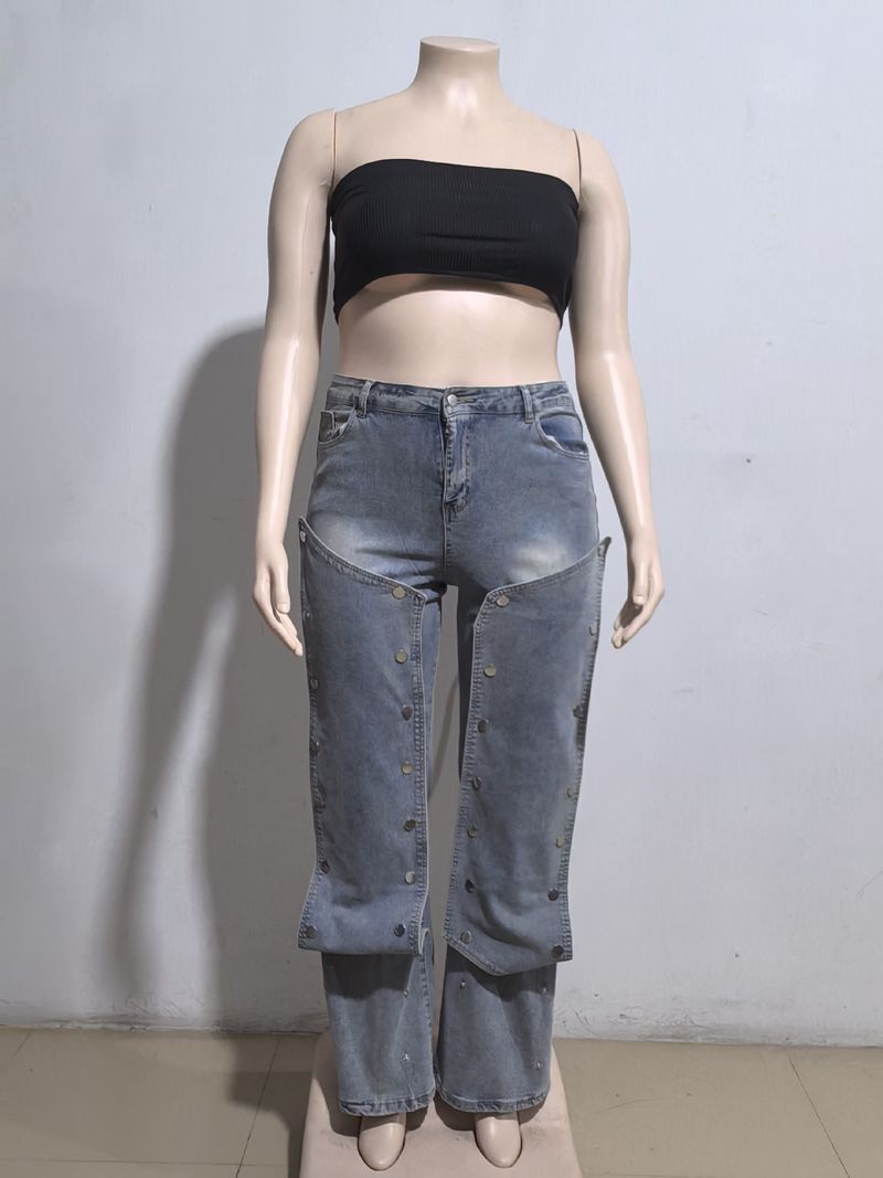 Jeans dritti, pantaloni a vita alta con bottoni staccabili, moda da strada_voghion.com