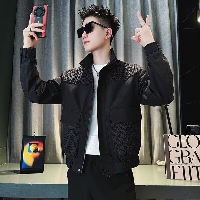 Teenagers Wearing Stand Up Collar Standard Jacket, Regular Long Sleeved Workwear Jacket, Men's Zipper_voghion.com