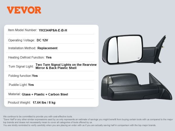 VEVOR Towing Mirrors Fit For 2009-2018 Dodge Ram 1500, 2010-2018 Ram 2500 3500, Ram Classic 2019-2023 Power Heated With Signal Light & Puddle Light, Manual Controlling Flipping Folding, Black_voghion.com