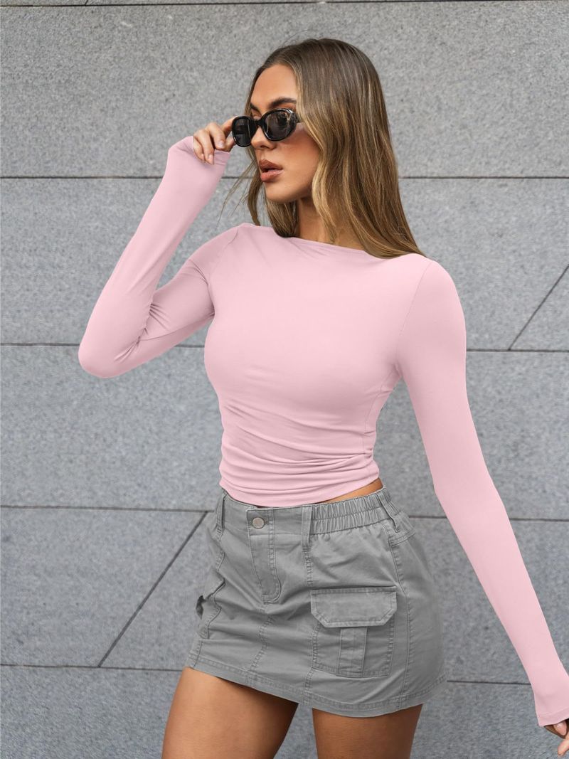 T-shirt a maniche lunghe slim fit ispirata da donna – Top girocollo con spalle scoperte in tessuto elasticizzato in seta di latte, versatile per autunno e inverno_voghion.com