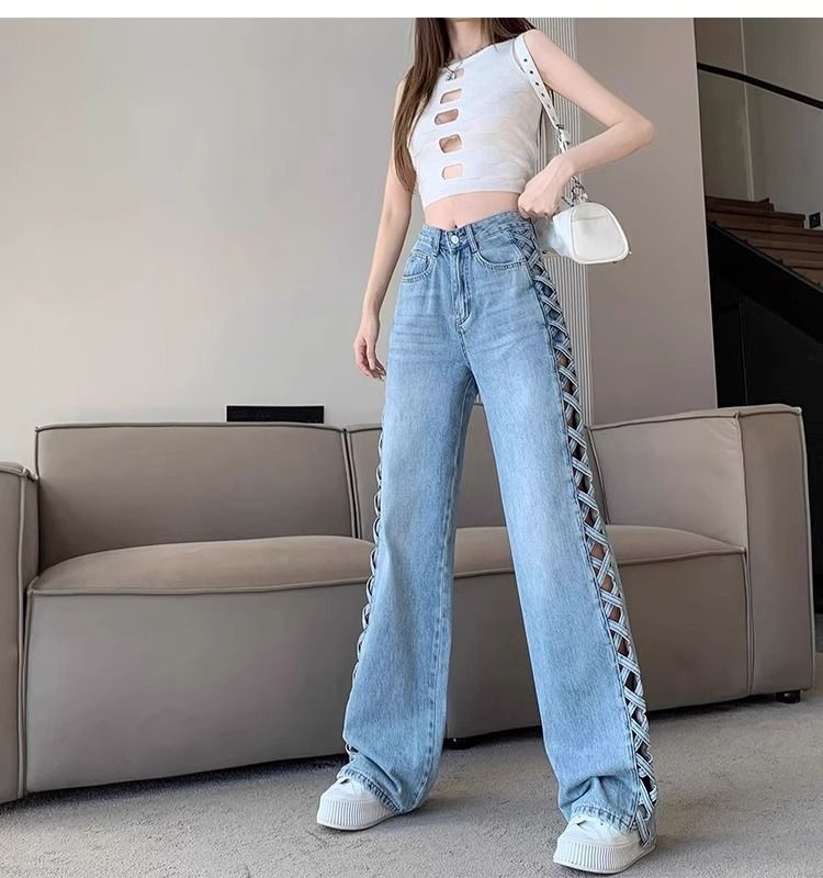 Abbigliamento da donna, design primaverile ed estivo, pantaloni sottili e versatili a vita alta lunghi fino al pavimento_voghion.com