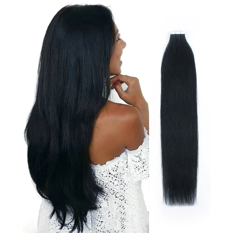 Fita reta em extensões de cabelo humano 1B 100% Remy Skin Weft Cola adesiva para salão de beleza de alta qualidade_voghion.com
