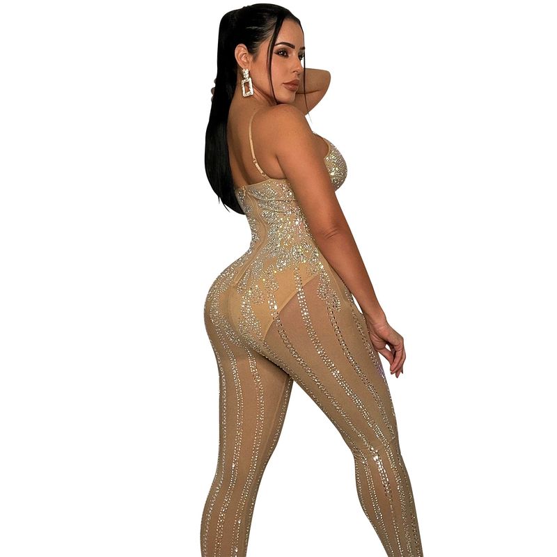 Dameklær Mote Nattklubb Mesh Hot Diamond Perspective Suspender Jumpsuit Dameklær_voghion.com
