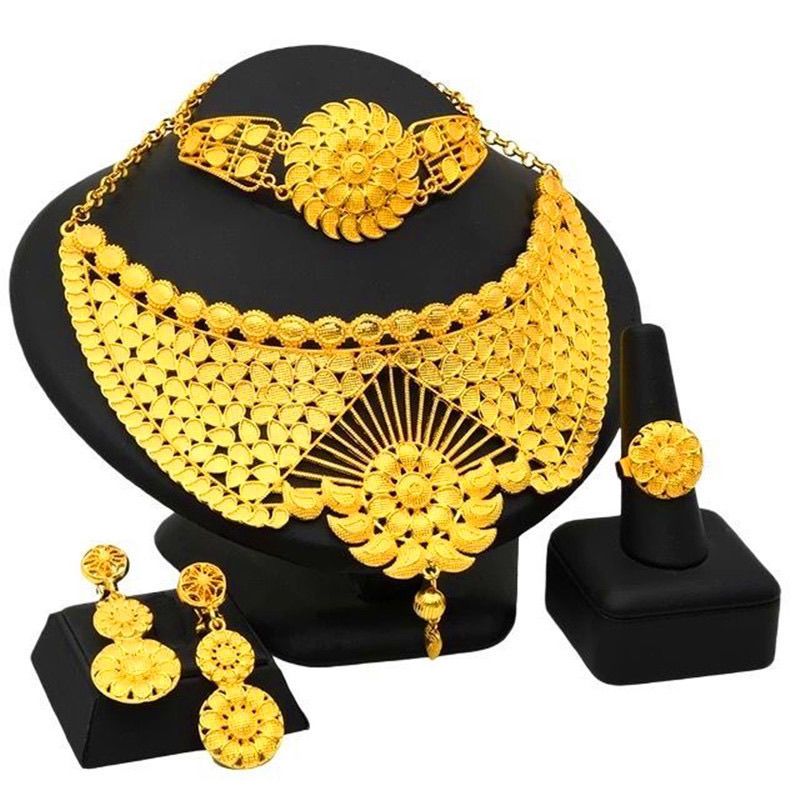 Fashionable luxury ethnic style four piece alloy decoration necklace collarbone jewelry earring set_voghion.com