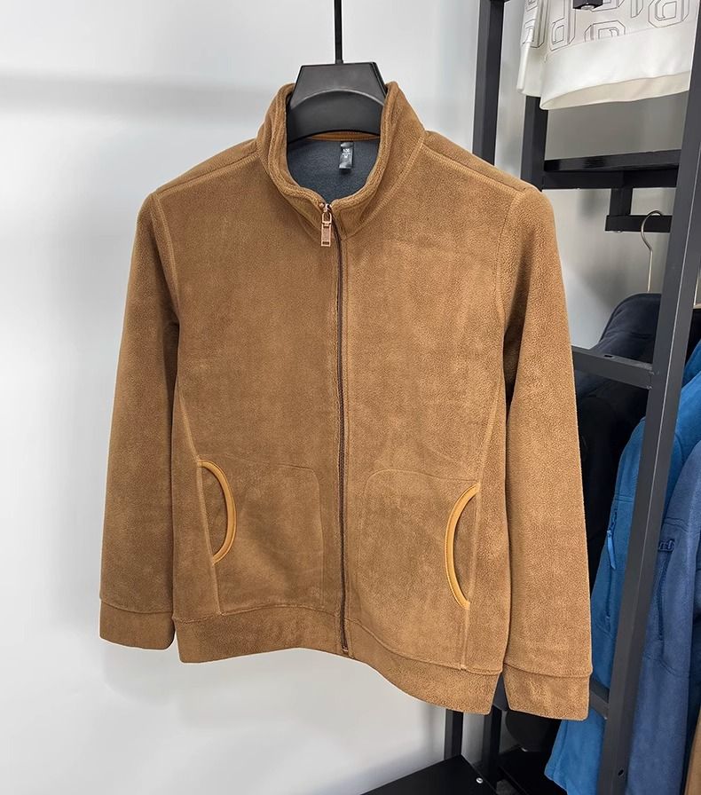 Giacca in pile con collo alto e cerniera da uomo - Cappotto invernale caldo e spesso con cappuccio in tinta unita per abbigliamento casual all'aperto_voghion.com