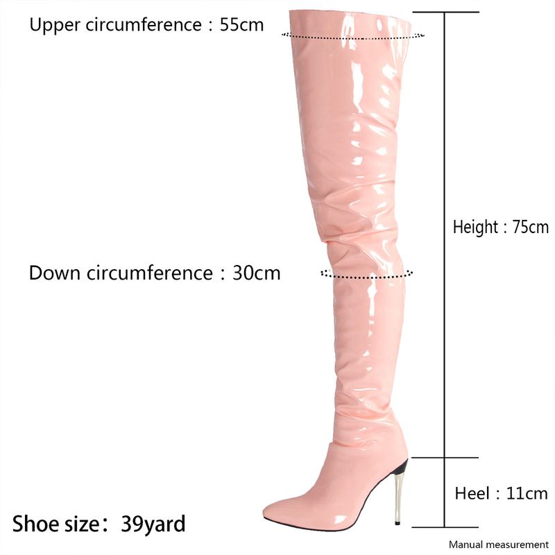 Damen Lackleder Iwwerknéistiefelen Héich Absatz Sexy Héich Stiefel 2023 Nei Grouss Gréisst Stiletto Damenstiefelen Botas Mujer_voghion.com