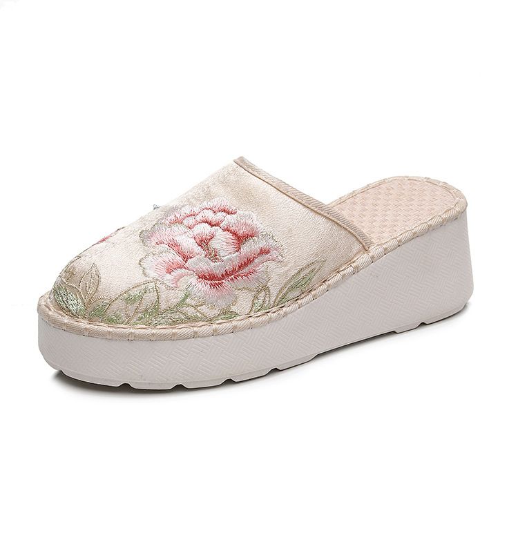 Suola spessa con tacco inclinato, tessuto di supporto alla moda per chignon, scarpe ricamate in rete, sandali e pantofole per_voghion.com