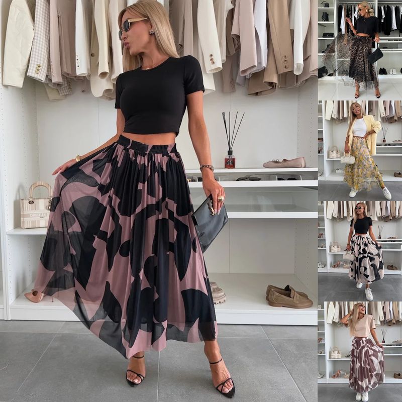 2025 New INS Style Mesh Print Waist-Cinching Flared Casual Midi Skirt_voghion.com