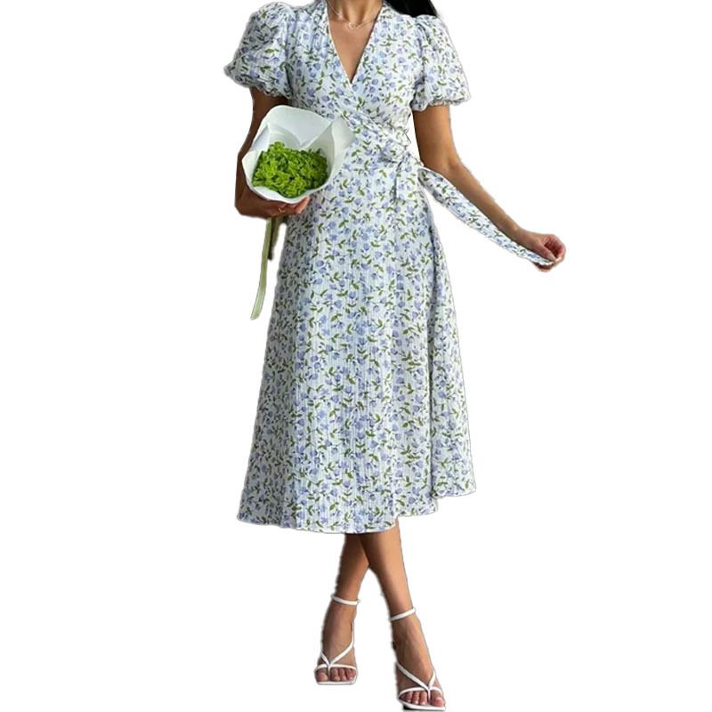 2025 Neues elegantes Bodycon-Kleid mit V-Ausschnitt, Blumenmuster, Puffärmeln und taillierter Silhouette_voghion.com