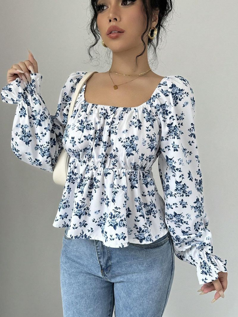 Maglietta da donna fresca e dolce, autunno e inverno, scollo quadrato, maniche a sbuffo, stile caldo, floreale, a maniche lunghe_voghion.com