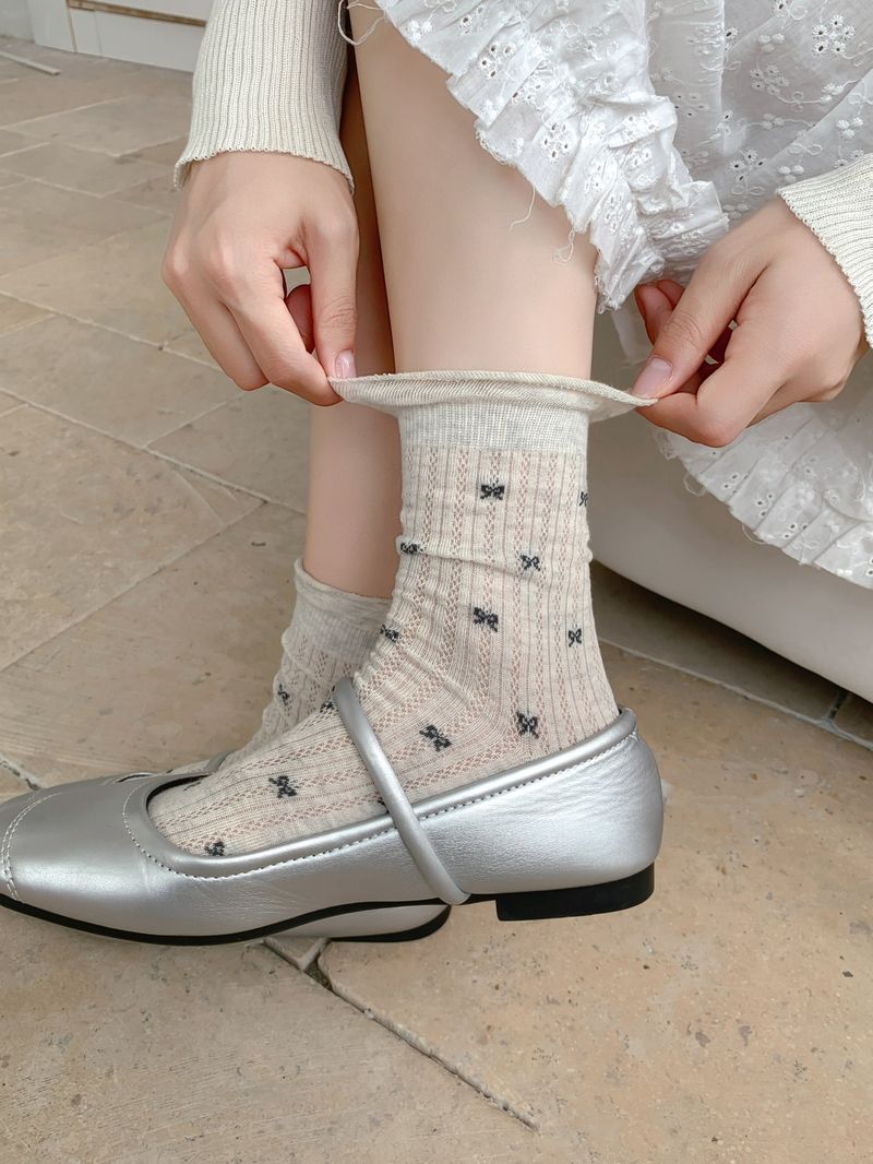 Summer Stacking Socks Thin Women's Summer Long Tube Ballet Crimped Mesh Gray New Bow Medium Tube Miu Series_voghion.com