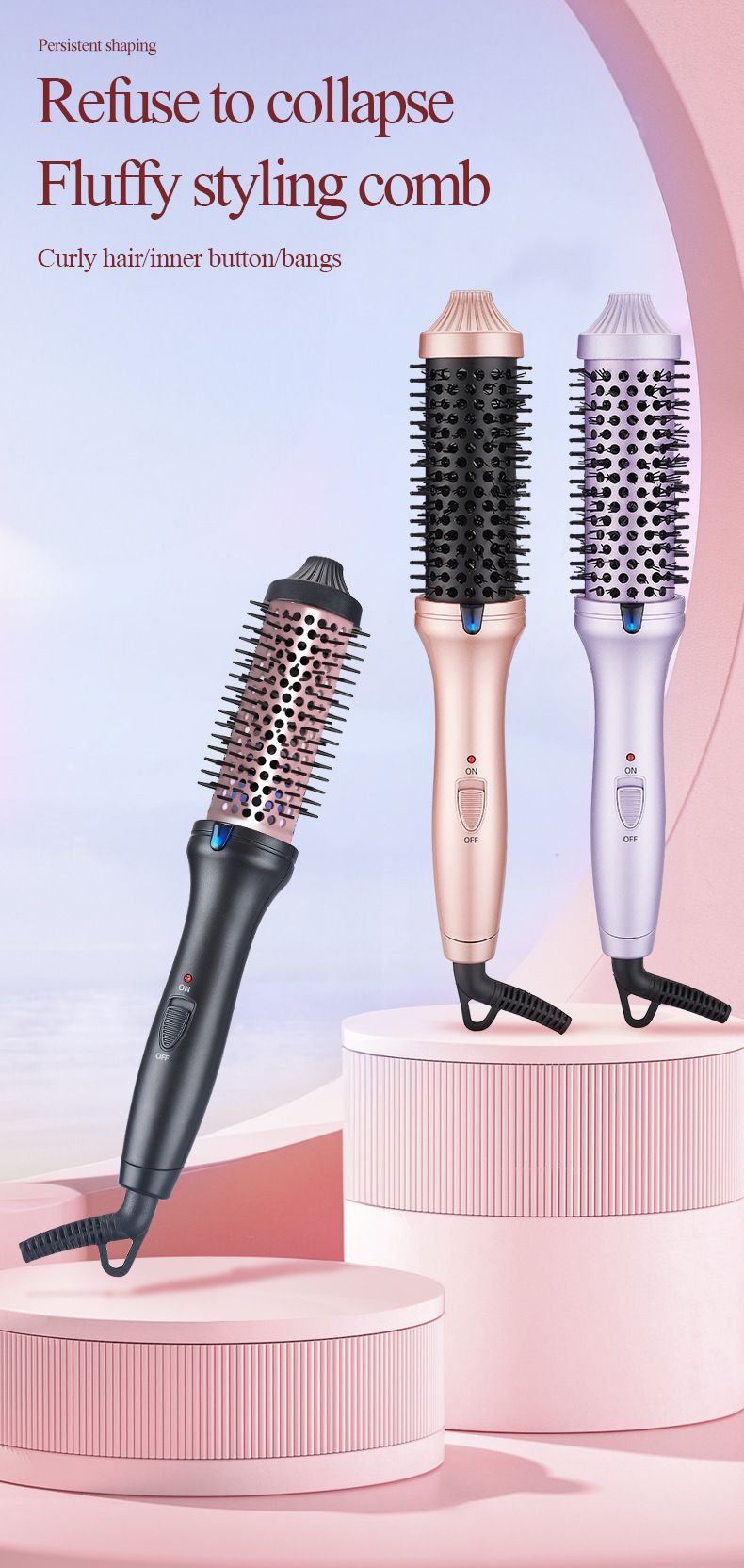 Pettine arricciacapelli con spazzola ad aria calda, spazzola a rullo per tutte le lunghezze dei capelli, strumento elettrico per lo styling per volume e arricciatura_voghion.com