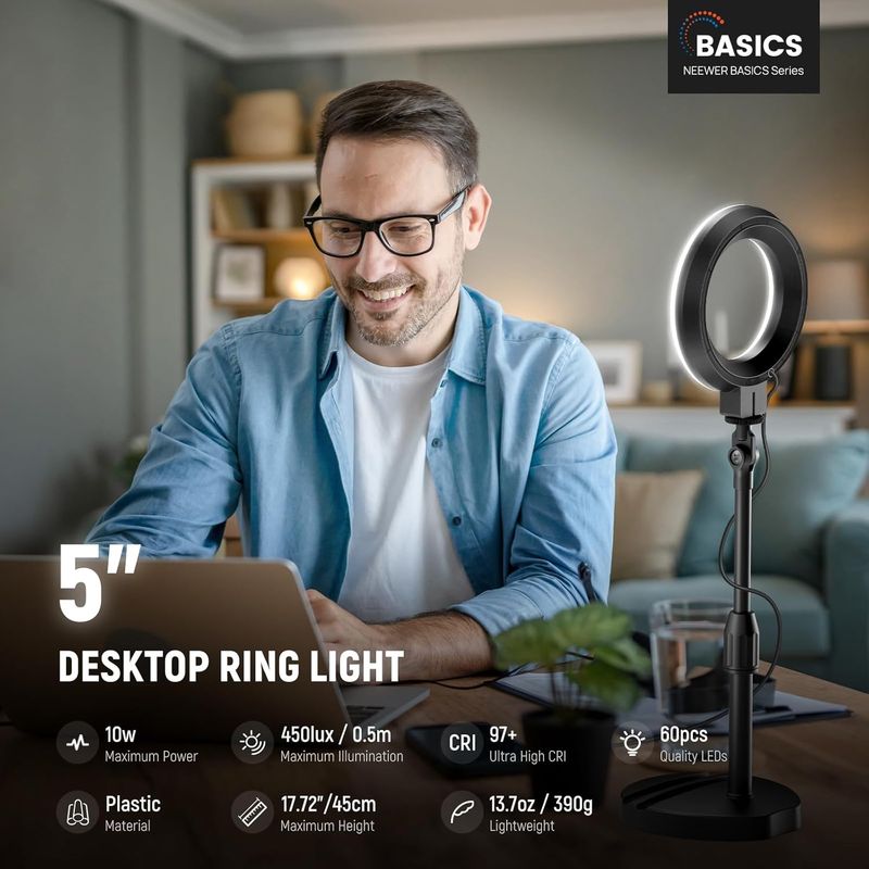Newer Basics 5" Desk Ring Stand, Phone Holder Base, 10W LED Selfie Light Compatible With IPhone For Video Recording_voghion.com