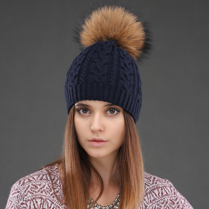 Wollen dames dubbellaags winterwarme Fried Dough Twists breitrui echte wasbeerhond bal wollen muts_voghion.com