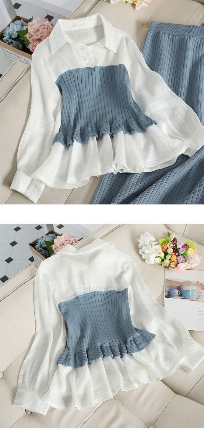 Vrouwen Slim Fashion Gebreide Onderkant Trui Jurk Tweedelig Pak Rok Studentenpak_voghion.com