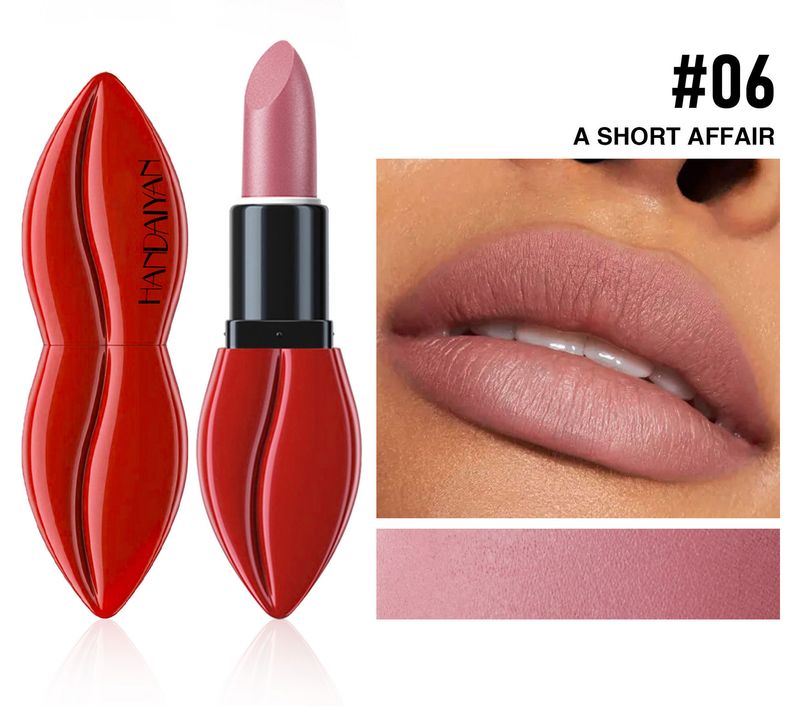 Lápiz labial mate HANDAIYAN con forma de labio, 6 colores, antiadherente y resistente al agua, acabado satinado de larga duración con cera de abeja natural._voghion.com