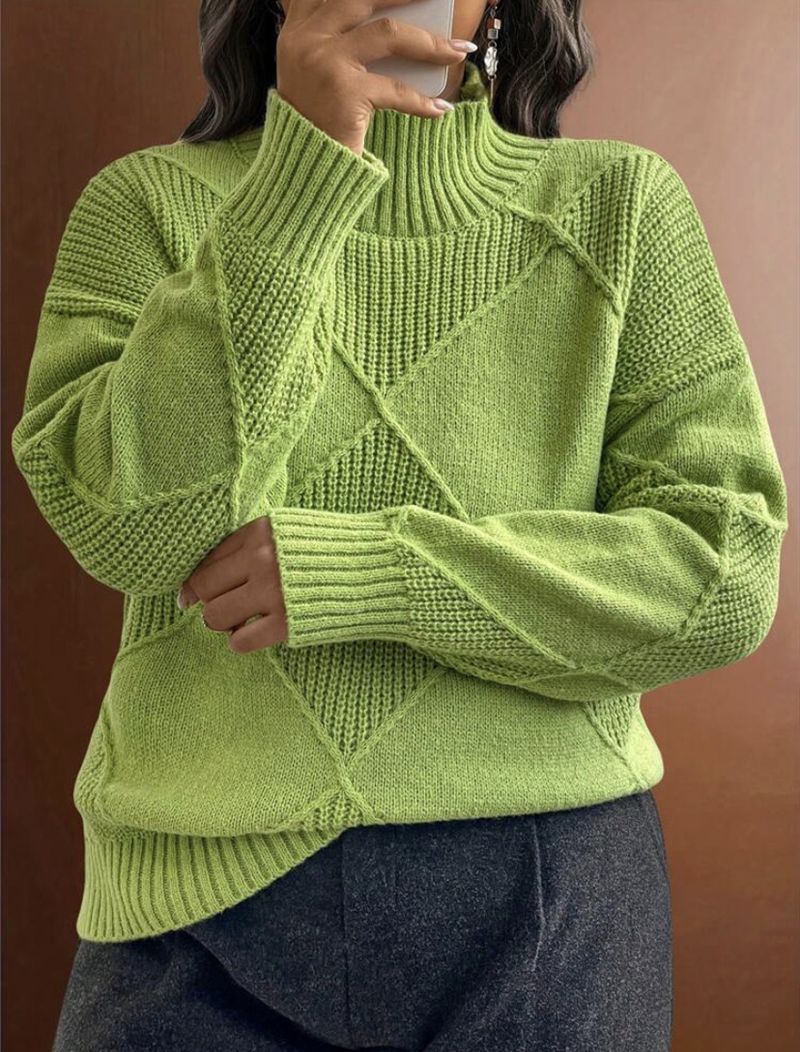 Cesur Geometrik Örgü Kazak - 3D Jakarlı Büyük Boy Yüksek Yaka Kazak (S-XL, Akrilik-Naylon Karışımı, Dondurma Renk Paleti)_voghion.com