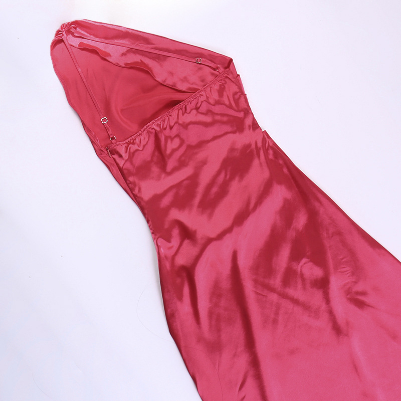 Single-shoulder pleated slit sexy satin dress summer style slim fit solid color long skirt women_voghion.com