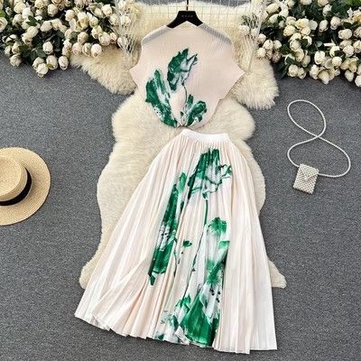 Women's Clothing print suit women's summer new style high end temperament half turtleneck top + pleated skirt two piece set_voghion.com