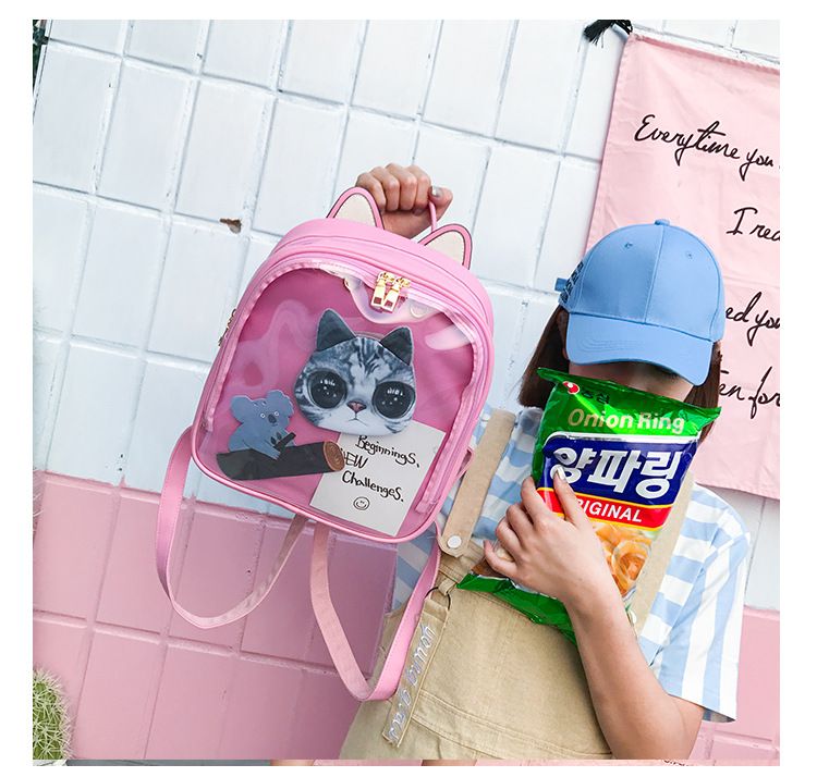 Zaini in pelle con orecchie di gatto adorabili Borsa trasparente color caramello Borse a tracolla da donna Zaino da viaggio per ragazze adolescenti_voghion.com