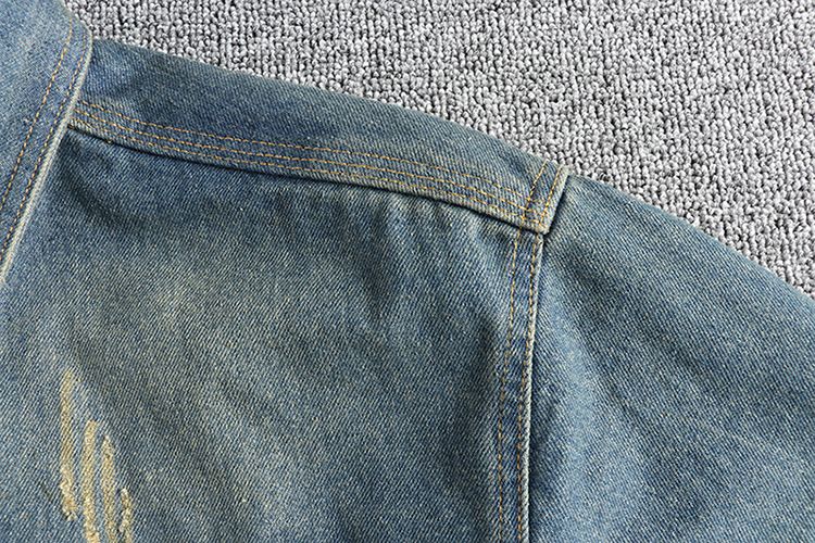 Herrenbekleidung Ärmelpatch-Nähte Stark verwaschenes, abgenutztes Retro-Jeanshemd Lockeres, steifes, trendiges Jugendhemd_voghion.com