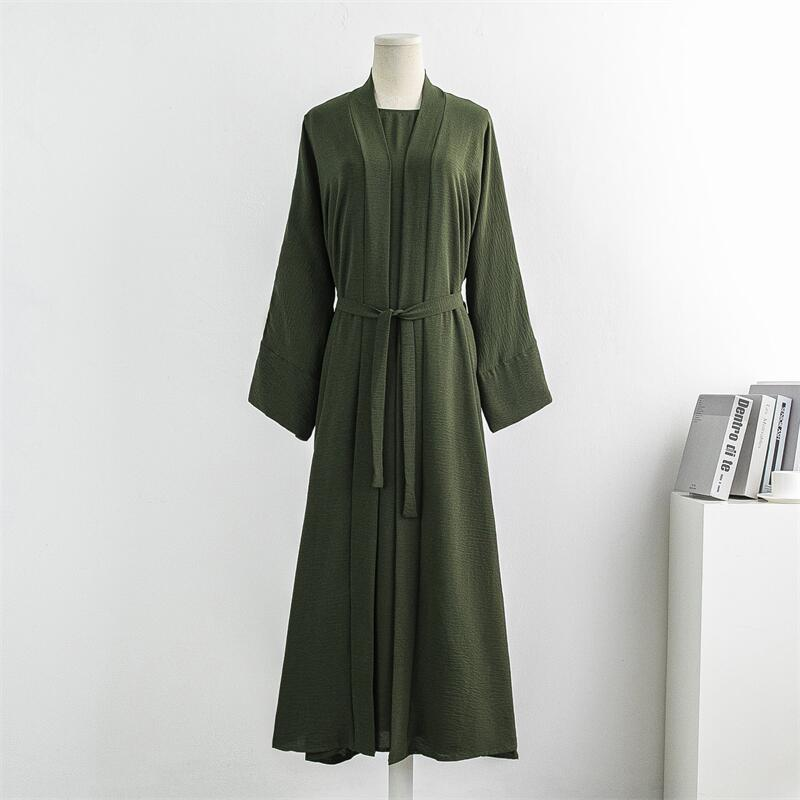 Elegant Long Sleeve Abaya Dress Set For Women - Modest Loose Fit Maxi Dress With Belt - Soft Polyester Fabric - Plus Size Friendly -_voghion.com