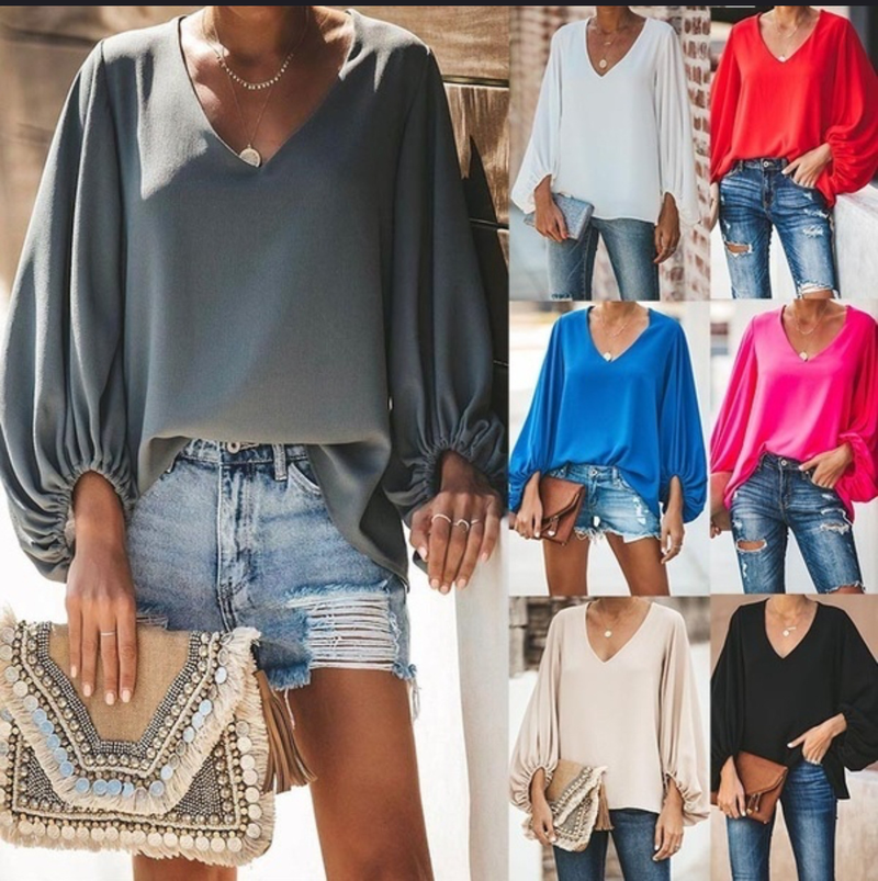 Γυναικείο τοπ plus size με φαρδιά, μακριά μανίκια και V λαιμόκοψη, ιδανικό για όλες τις ηλικίες_voghion.com