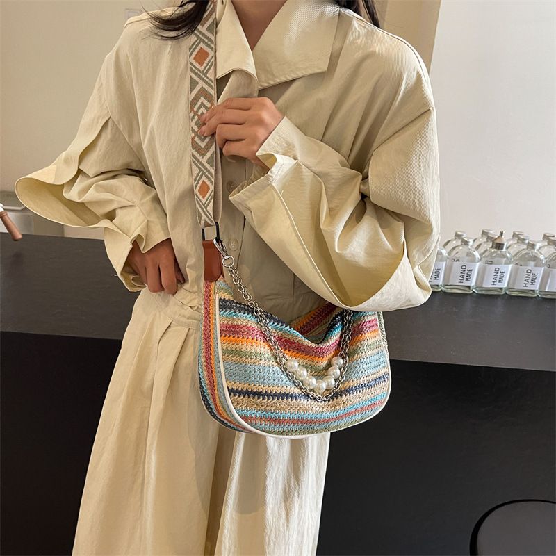 Sac à bandoulière simple tissé en herbe bohème pour femmes, nouvelle mode 2025, motif croix diagonale, motif boulettes_voghion.com