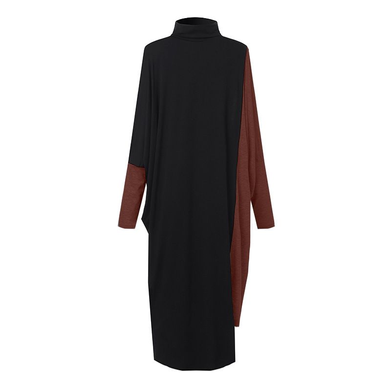 Neue Frühlingsmode Einfarbig Hoher Kragen Kragen Collage Fledermaus Langarm Temperament Pendler Damen Freizeitkleid_voghion.com