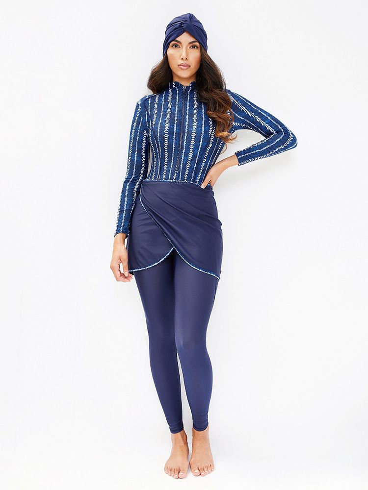 Women's Clothing Conservative Swimsuit 3 Piece Set Printed Long Sleeved All Inclusive Women's Swimsuit Hat Top Pants_voghion.com