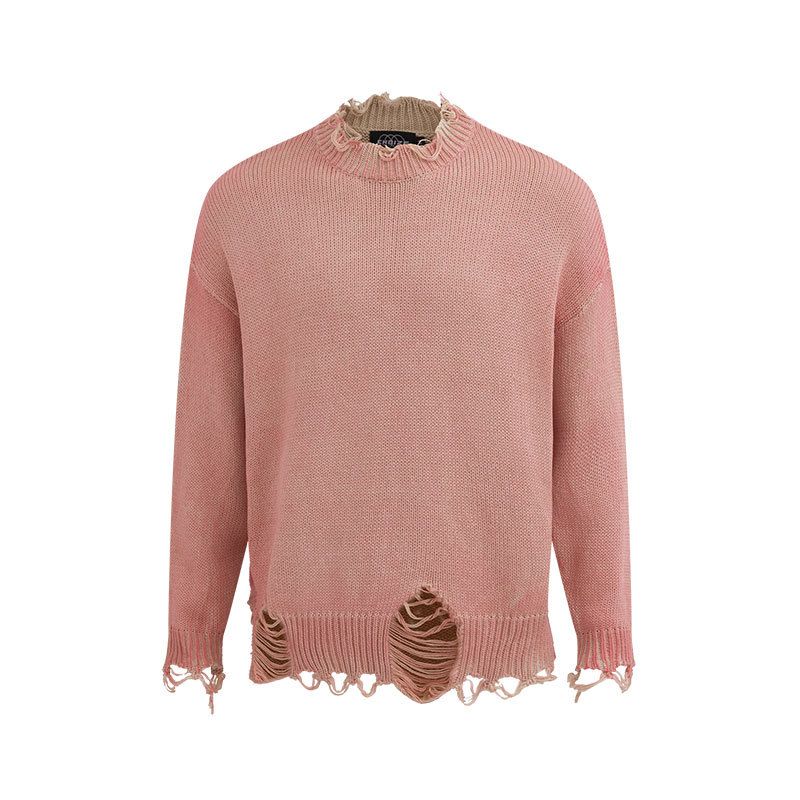 Dark High Street Batik Ripped New Wasteland Style Base Shirt Pullover Unisex Loose Knit Sweater_voghion.com