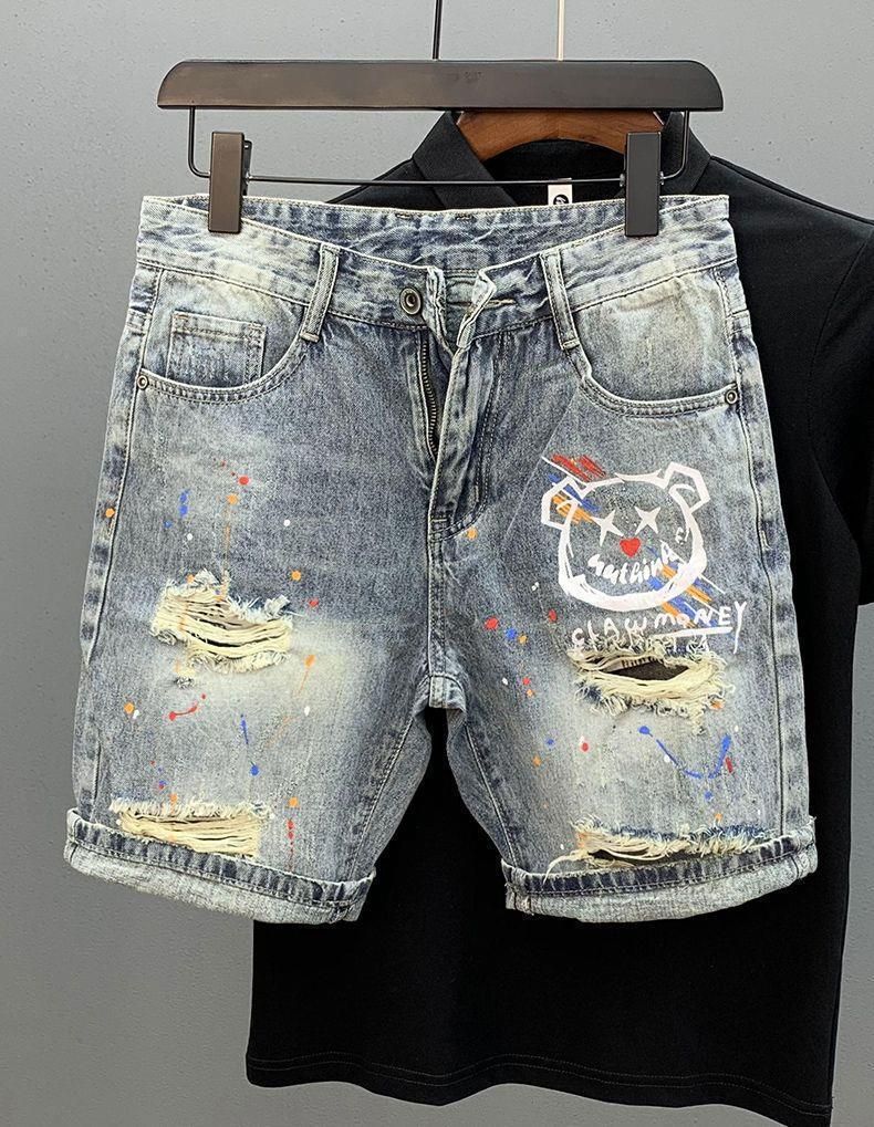 Pantaloncini in denim da uomo con stampa personalizzata e schizzi d'inchiostro, pantaloni estivi_voghion.com