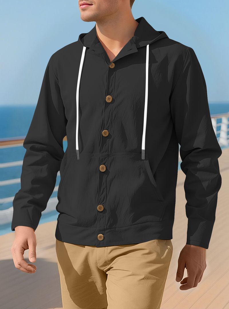 Camicia da uomo con bottoni, casual, ampia, in lino, semplice, con cappuccio, a maniche lunghe, primaverile e autunnale_voghion.com