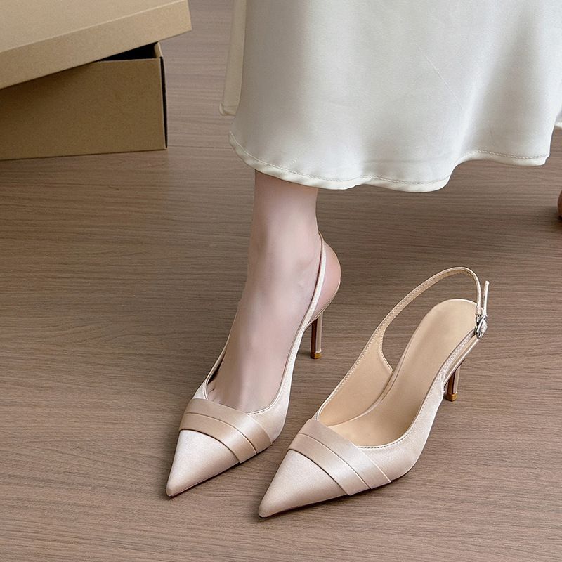 Sandalias Baotou de tacón fino para mujer, punta puntiaguda, estilo francés, satén, albaricoque, hebilla de una palabra con sandalias versátiles para mujer_voghion.com