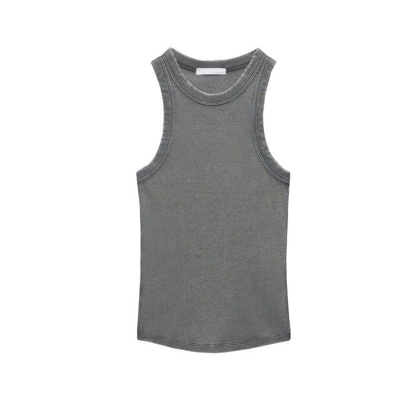 TAOP&ZA - Camiseta básica de primavera para mujer, estilo americano, con espalda nadadora y ribete de canalé lavado 3253301_voghion.com