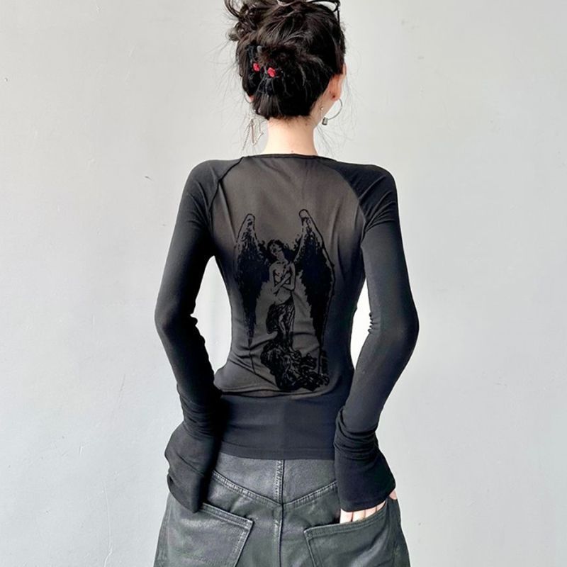 Maglietta corta aderente a maniche lunghe in rete con stampa angelo, stile retrò, sexy e hot da donna_voghion.com