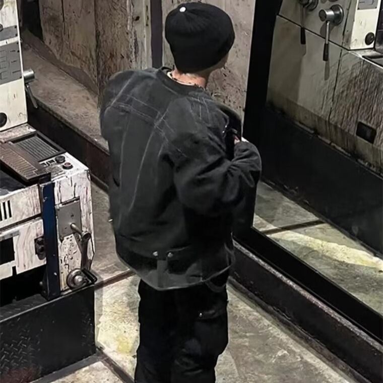 American retro distressed washed short denim jacket for men's spring and autumn training design, shoulder pad jacket_voghion.com