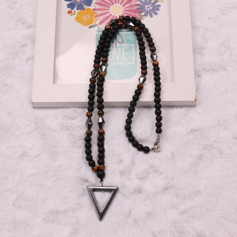 New Seven Pulse Healing And Health Magnet Triangle Pendant Personalized Jewelry Tiger Eye Matte Black Agate Men's_voghion.com